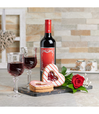 Romantic Red Wine, Roses & Cookies , Valentine's Day gifts, wine gifts