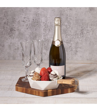 Champagne & Deluxe Chocolate Dipped Strawberries Dish, Valentine's Day gifts, chocolate dipped strawberries, sparkling wine gifts