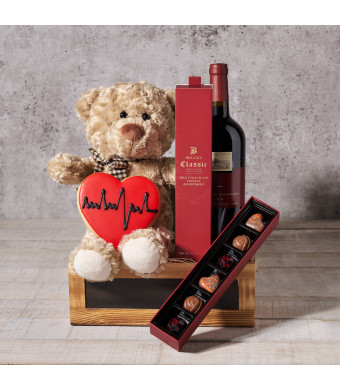 Be My Valentine Wine Basket, Valentine's Day gifts, plush gifts, wine gifts, cookie gifts