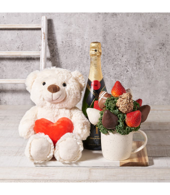 The Chocolate Dipped Strawberries Mug Set with Champagne, sparkling wine gifts, Valentine's Day gifts, plush gifts, chocolate covered strawberries