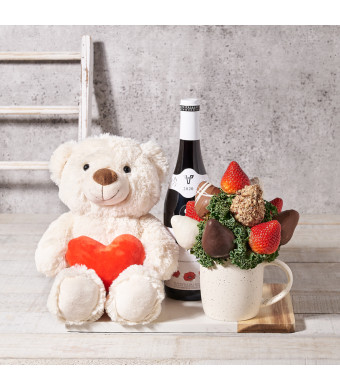 The Chocolate Dipped Strawberries Mug Set with Wine, Valentine's Day gifts, chocolate covered strawberries, plush gifts, sparkling wine gifts
