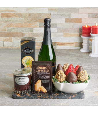 Elegant Champagne Basket, Valentine's Day gifts, chocolate covered strawberries, sparkling wine gifts