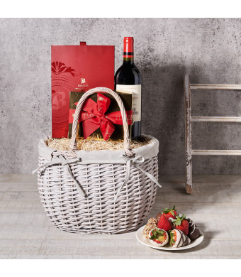 Romance in Paris Gift Basket, Valentine's Day gifts, wine gifts, chocolate gifts, chocolate covered strawberries
