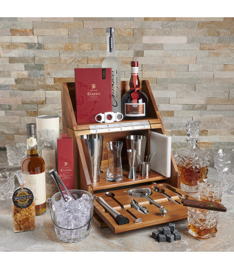 Luxe Mixologist Table Top Bar Gift, liquor gift, liquor gift basket, liquor, bar gift set, barkeeper gift, cigar gift, decanter gift, decanter set, decanter and glasses gift