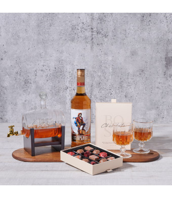 Intrepid Decanter Gift Set, liquor gift, liquor, liquor gift basket, decanter, decanter gift, chocolate, luxury gift basket