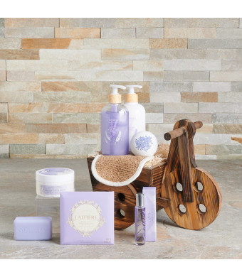 Lavender Dreams Gift Set, lavender, hand soap, hand cream, bath bomb, body butter, bar soap, soap bar, perfume, chocolate, body mitt, gift basket, wooden box, gift, delivery, Canada Delivery