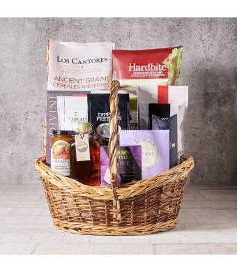 Classy Snacking Gift Basket, Gourmet Gift Baskets, Chips, Pretzels, Jam, Maple Syrup, Chocolates, Tea, Gift Baskets, Canada Delivery