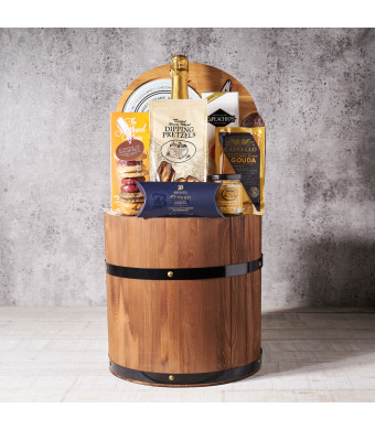 Gourmet Gift Barrel with Champagne, Gourmet Gift Baskets, Champagne Gift Baskets, Cheese, Crackers, Cookies, Chocolates, Champagne, USA Delivery
