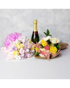 BABY GIRL BOUQUET GIFT SET WITH CHAMPAGNE