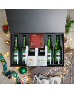 christmas beer box, holiday, christmas, chocolate, beer box, nuts, heineken, Festive Heineken and Snacks Box, beer christmas gift basket, beer box holiday gift basket, gift basket delivery USA