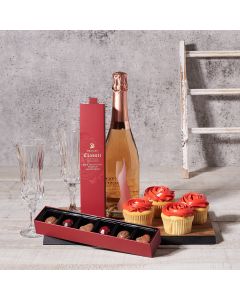 Valentine’s Celebration Basket, Valentine's Day gifts, sparkling wine gifts, cupcakes