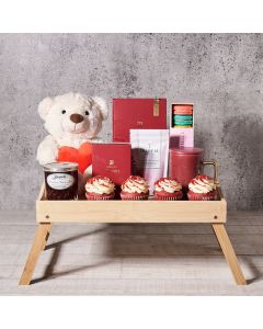 Breakfast in Bed Valentine’s Day Gift Basket, Valentine's Day gifts, plush gifts, cupcake gifts, tea gifts
