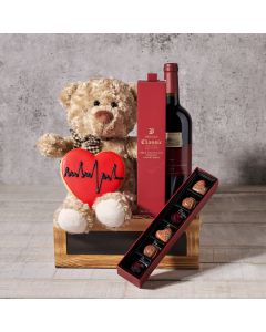 Be My Valentine Wine Basket, Valentine's Day gifts, plush gifts, wine gifts, cookie gifts