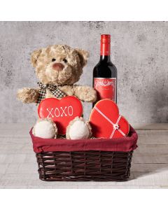 Wine & Bear Valentine’s Day Basket, Valentine's Day gifts, wine gifts, plush gifts, cookie gifts