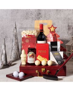 A Golfer's Christmas Wine Gift Basket, Christmas Wine Gift Baskets, Gourmet Gift Baskets, Christmas Golf Set, Xmas Wine Set, Cheese Gift Baskets, Nuts, Cheese, Crackers, Wine, Chocolate, Popcorn, Cutting Board, USA Delivery