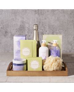 Sure to Please Spa Gift Basket, chocolate truffles, chocolate, bath, bath & body, lotion, lavender, sparkling wine, spa gift, Spa, spa gift basket delivery, delivery spa gift basket, sparkling wine basket usa, usa sparkling wine basket