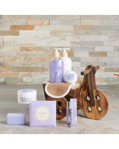 Lavender Dreams Gift Set, lavender, hand soap, hand cream, bath bomb, body butter, bar soap, soap bar, perfume, chocolate, body mitt, gift basket, wooden box, gift, delivery, Canada Delivery