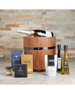 Champagne Gift Basket, Coffee, chocolate truffles, nuts, balsamic vinegar, olive oil, Champagne, champagne gift barrel delivery, delivery champagne gift barrel, champagne gift usa, usa champagne gift