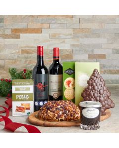 Holiday Wine, Cheese & Chocolate Platter, Wine Gift Baskets, Gourmet Gift Baskets, Chocolate Gift Baskets, Cheese Gift Baskets, Christmas Gift Baskets, Xmas Gifts, Wines, Crackers, Chocolates, Cheeseball, USA Delivery