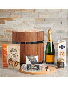 pretzels, Champagne Gift Basket, Champagne, truffles, brie cheese, Cheese, mustard, gourmet champagne barrel delivery, delivery gourmet champagne barrel, gourmet gift delivery USA, USA gourmet gift delivery
