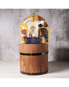 Gourmet Gift Barrel with Champagne, Gourmet Gift Baskets, Champagne Gift Baskets, Cheese, Crackers, Cookies, Chocolates, Champagne, USA Delivery