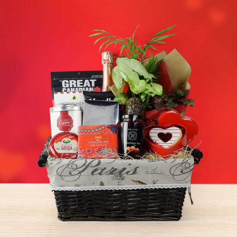 Valentine’s Day Blooming Gift Basket With Champagne HAZELTON'S USA