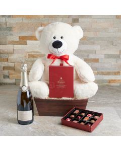 Charming Chocolate & Bear Gift Set With Champagne, Valentine's Day gifts, sparkling wine gifts, plush gifts