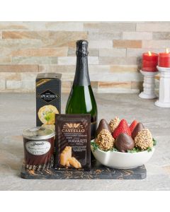 Elegant Champagne Basket, Valentine's Day gifts, chocolate covered strawberries, sparkling wine gifts