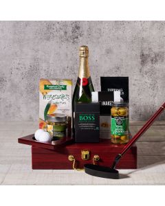 Executive Golf Putting Set Gift Basket, With Champagne, Champagne Gift Baskets, Chocolate Gift Baskets, Gourmet Gift Baskets, Golf Gift Baskets, Pretzels, Crackers, Golf Set, Champagne, Chocolate, Tapenade, Olives, Nuts, USA Delivery