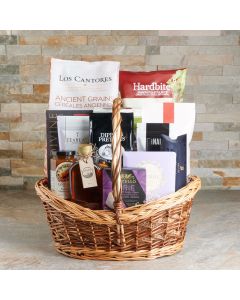 The Great Canadian Niagara Gift Basket, Gourmet Gift Baskets, Chocolate Gift Baskets, Canada Delivery, tortilla chips, beet chips, beets, crackers, early grey tea, tea, maple syrup, chocolate, nuts, pistachios, peach chutney, chutney, peach, chocolate