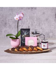 Coffee & Macaroons Basket, coffee gift, potted orchid, orchid gift, gourmet gift