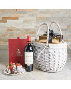 Parisian Romance Gift Basket, Valentine's Day gifts, wine gifts, chocolate covered strawberries
