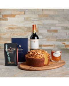 gourmet gift set, coffee cake, marmalade, wine, Coffee, cutting board, Chocolate